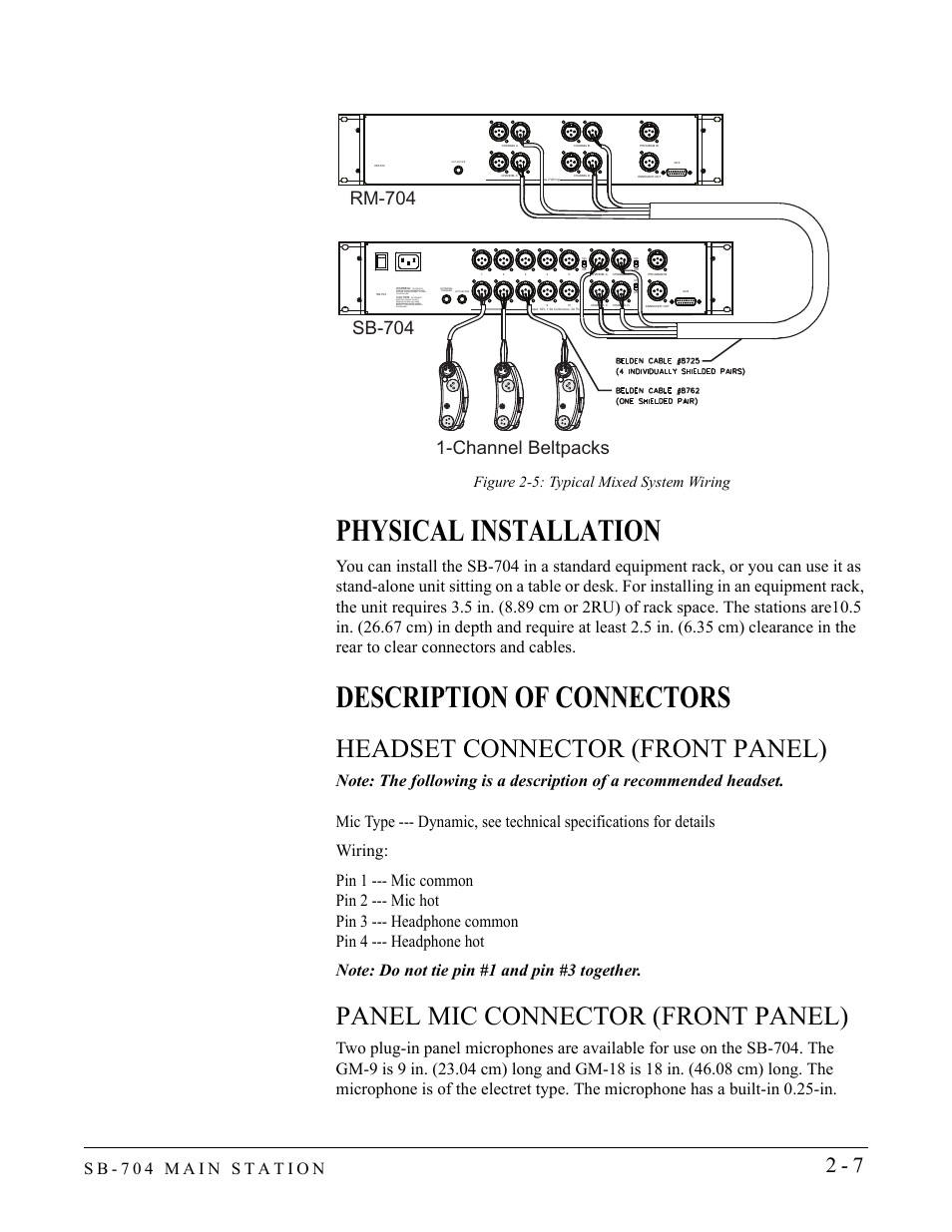 Physical installation, Description of connectors, Headset connector (front panel) | Panel mic connector (front panel), Figure 2-5: typical mixed system wiring, Or moisture | Clear-Com SB-704 User Manual | Page 25 / 42