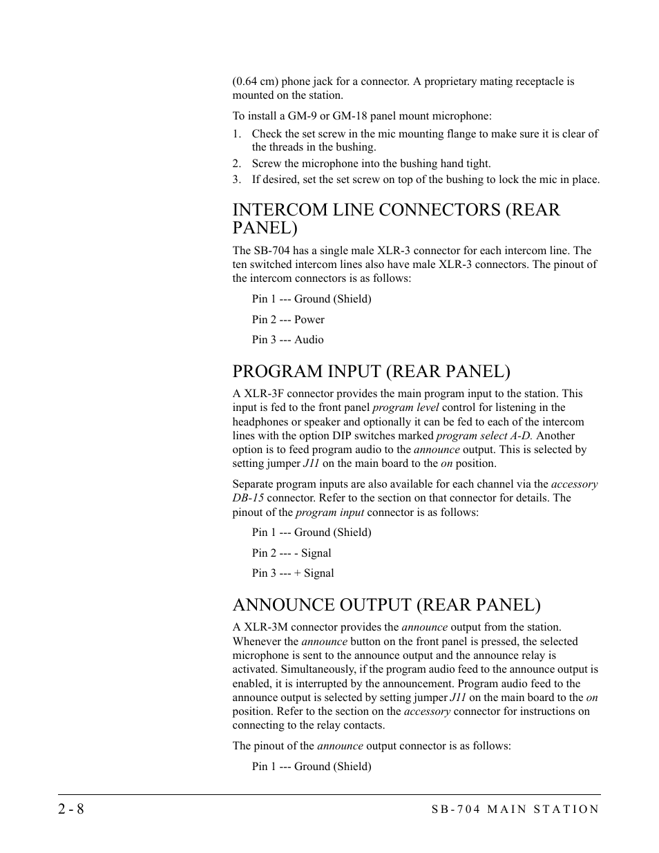 Intercom line connectors (rear panel), Program input (rear panel), Announce output (rear panel) | Clear-Com SB-704 User Manual | Page 26 / 42