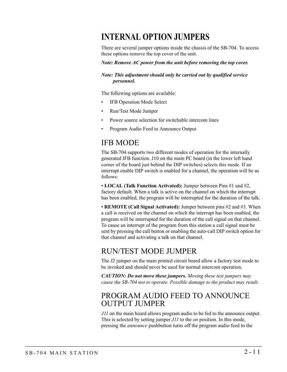 Internal option jumpers, Ifb mode, Run/test mode jumper | Program audio feed to announce output jumper, Internal option jumpers -10 | Clear-Com SB-704 User Manual | Page 29 / 42