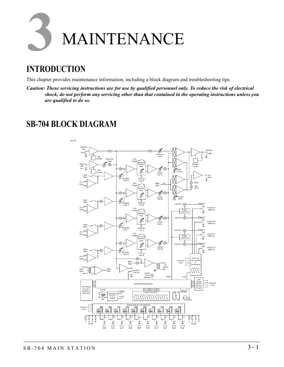 Maintenance, Introduction, Sb-704 block diagram | Maintenance -1, Introduction -1 sb-704 block diagram -1 | Clear-Com SB-704 User Manual | Page 33 / 42