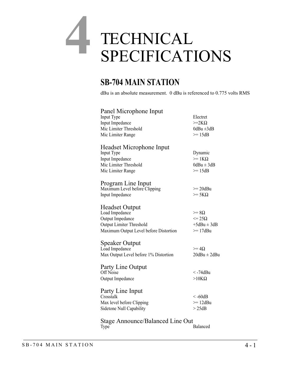 Technical specifications, Sb-704 main station, Technical specifications -1 | Sb-704 main station -1 | Clear-Com SB-704 User Manual | Page 35 / 42