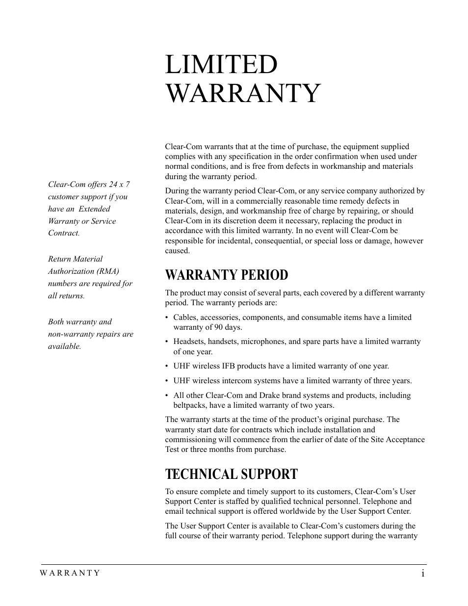 Limited warranty, Warranty period, Technical support | Clear-Com SB-704 User Manual | Page 39 / 42