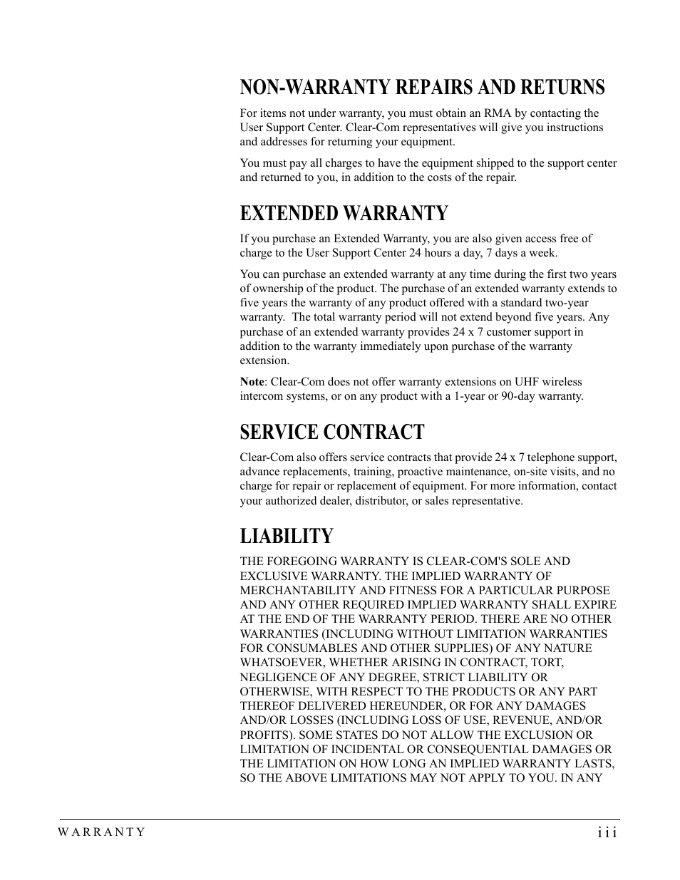 Non-warranty repairs and returns, Extended warranty, Service contract | Liability | Clear-Com SB-704 User Manual | Page 41 / 42