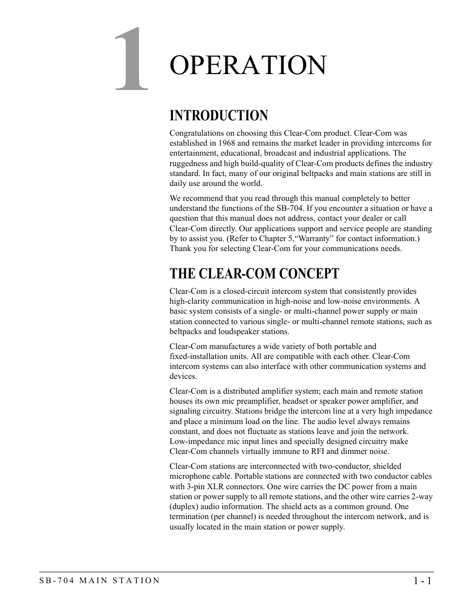 Operation, Introduction, The clear-com concept | Operation -1, Introduction -1 the clear-com concept -1 | Clear-Com SB-704 User Manual | Page 7 / 42