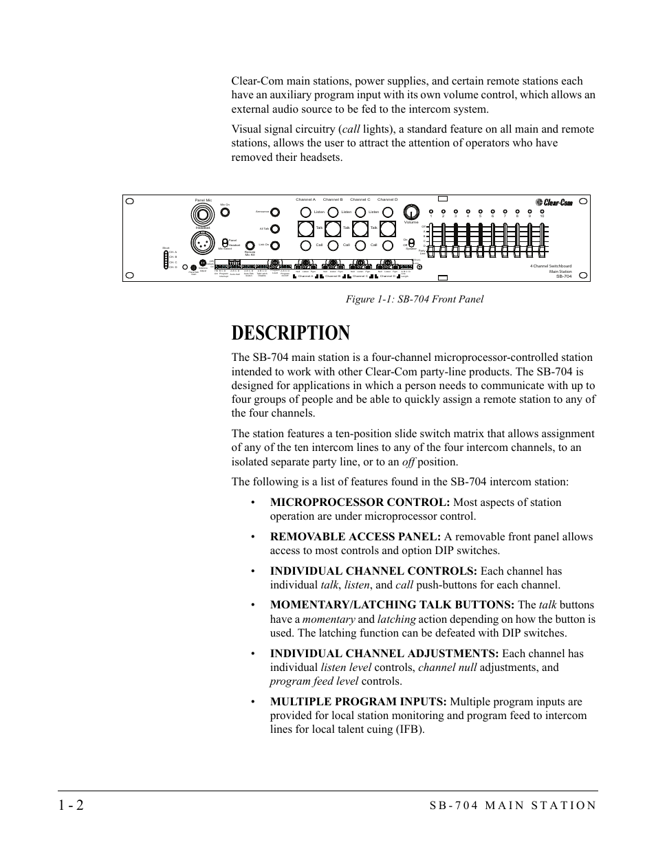 Description, Description -2 | Clear-Com SB-704 User Manual | Page 8 / 42