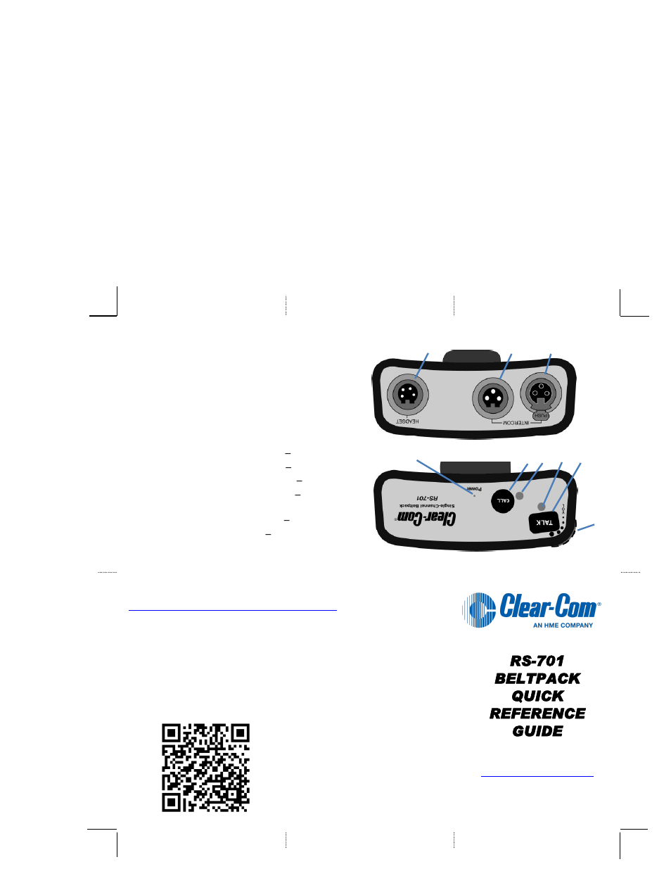 Rs-701 beltpack quick reference guide | Clear-Com RS-701 User Manual | Page 2 / 2