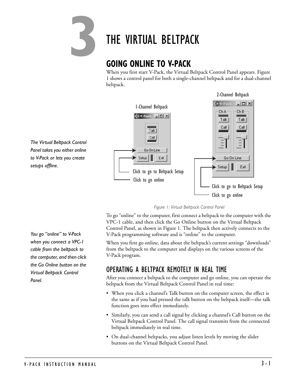 The virtual beltpack, Going online to v-pack, Operating a beltpack remotely in real time | Going online to v-pack -1, Operating a beltpack remotely in real time -1 | Clear-Com RS-603 (No longer available) User Manual | Page 13 / 60