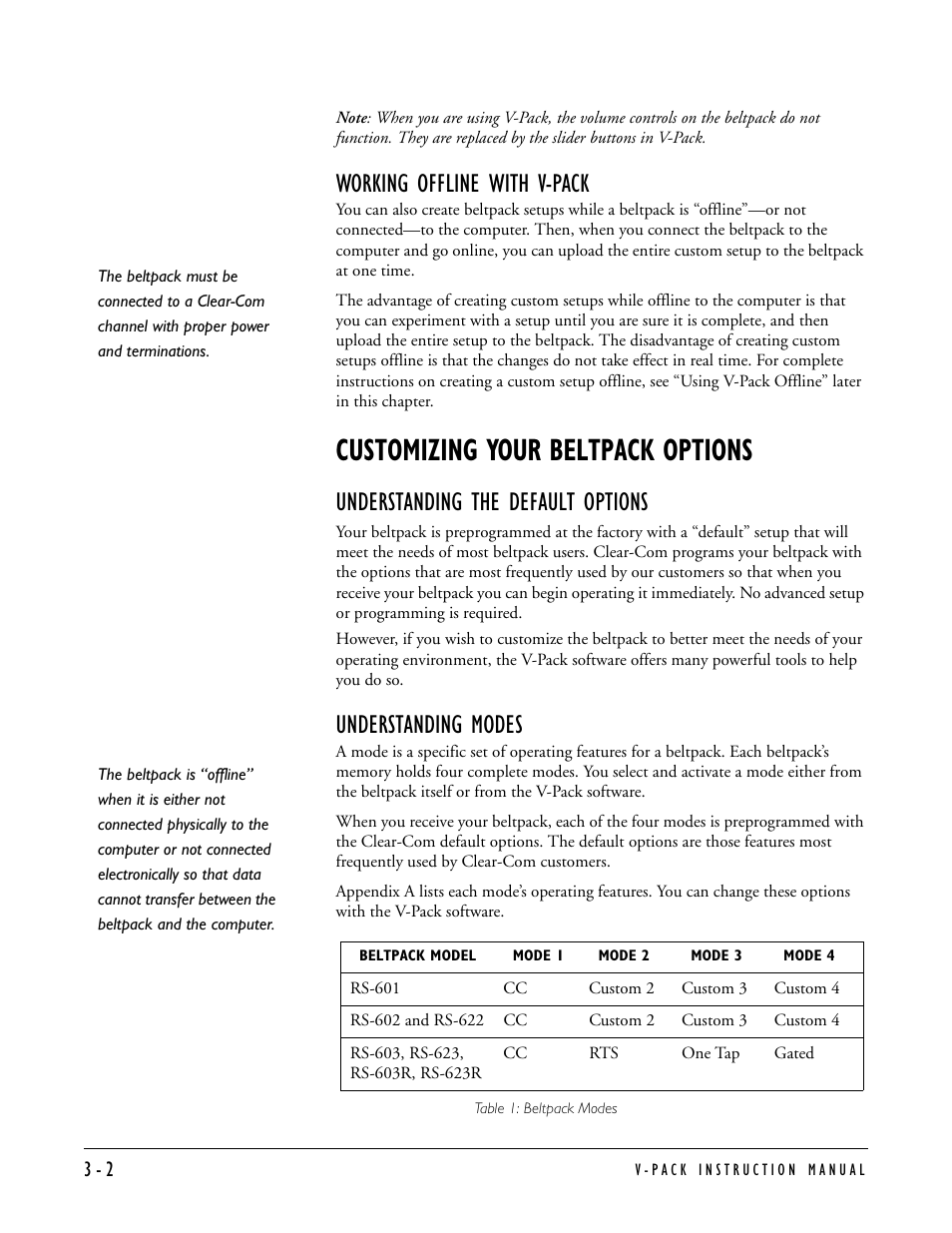 Working offline with v-pack, Customizing your beltpack options, Understanding the default options | Understanding modes, Working offline with v-pack -2, Customizing your beltpack options -2 | Clear-Com RS-603 (No longer available) User Manual | Page 14 / 60