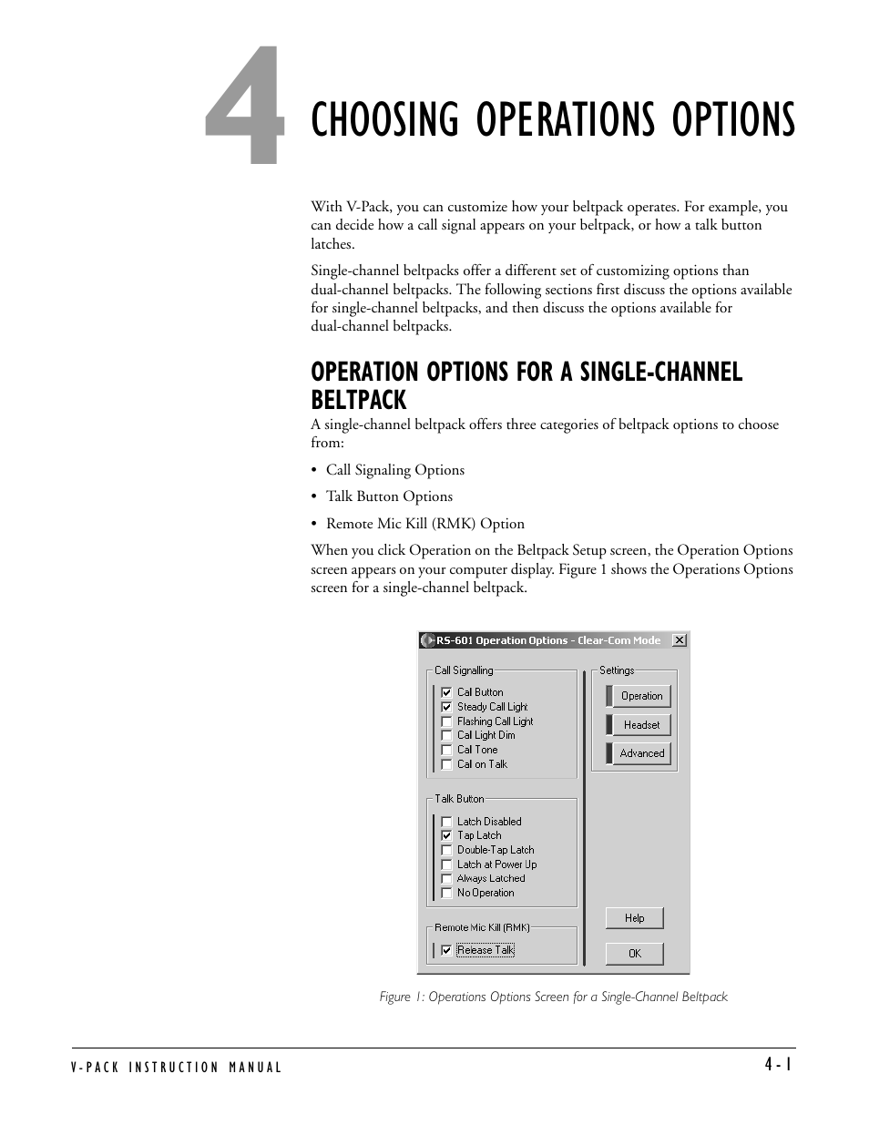 Choosing operations options, Operation options for a single-channel beltpack, Options for a single-channel beltpack -1 | Clear-Com RS-603 (No longer available) User Manual | Page 19 / 60