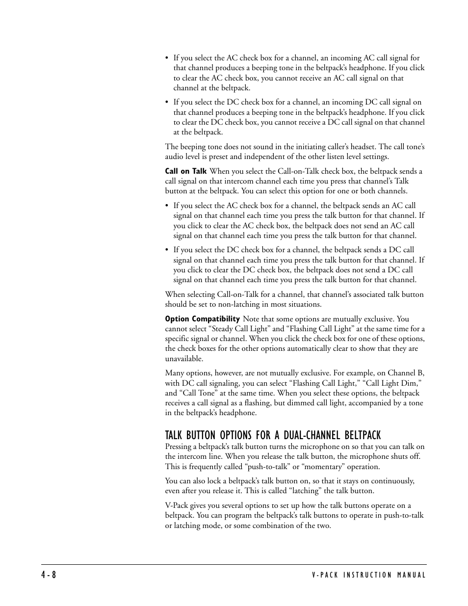 Talk button options for a dual-channel beltpack, Talk button options for a dual-channel beltpack -8 | Clear-Com RS-603 (No longer available) User Manual | Page 26 / 60