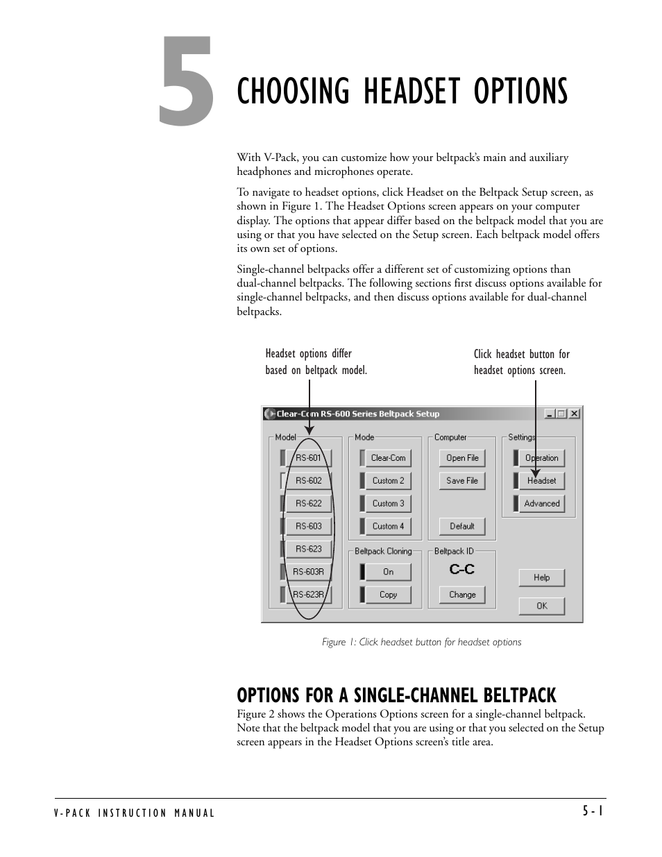 Choosing headset options, Options for a single-channel beltpack, Options for a single-channel beltpack -1 | Clear-Com RS-603 (No longer available) User Manual | Page 33 / 60