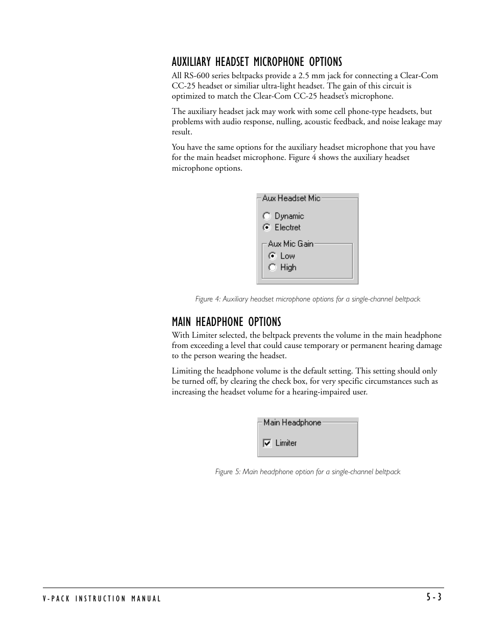 Auxiliary headset microphone options, Main headphone options | Clear-Com RS-603 (No longer available) User Manual | Page 35 / 60