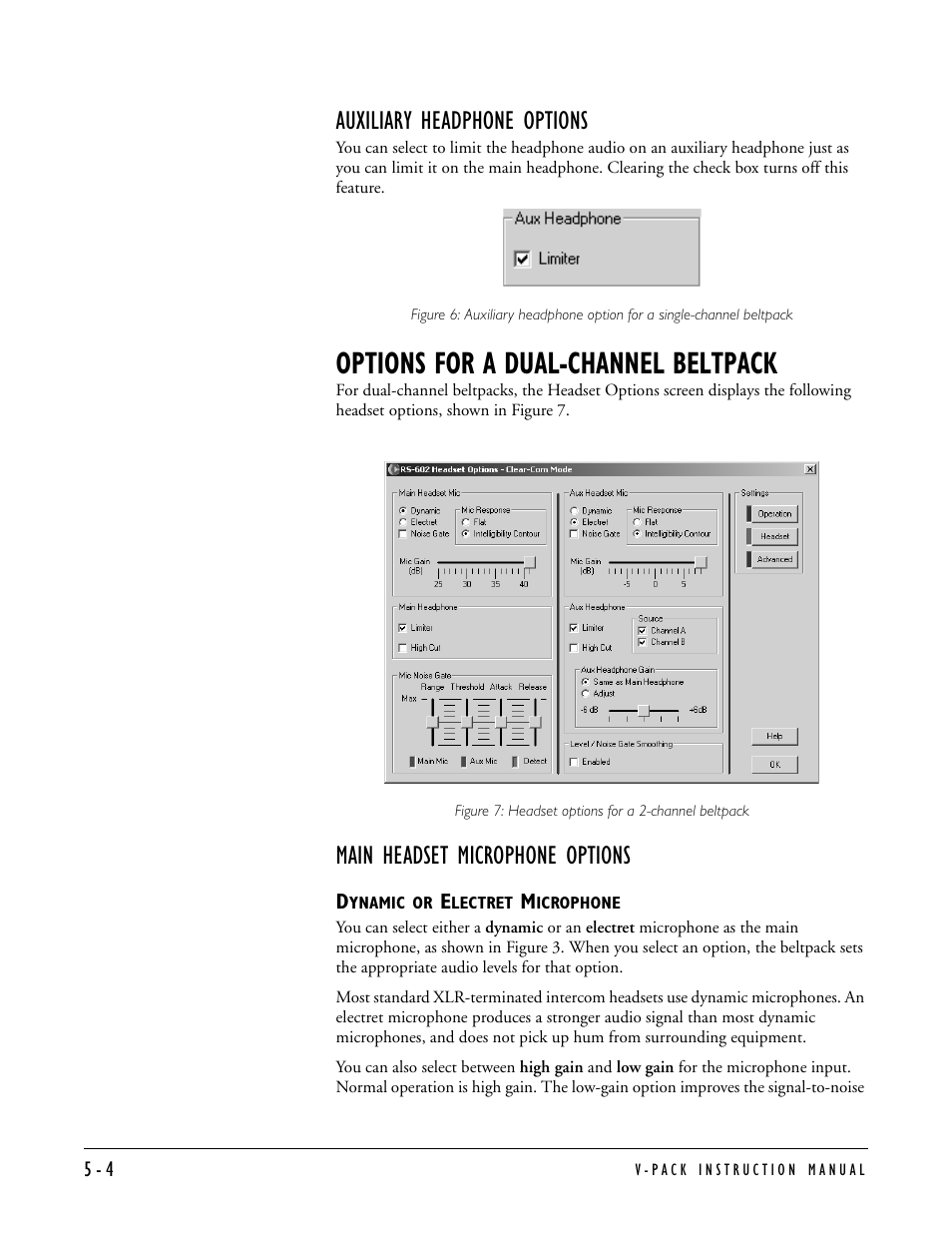 Auxiliary headphone options, Options for a dual-channel beltpack, Main headset microphone options | Dynamic or electret microphone, Auxiliary headphone options -3, Options for a dual-channel beltpack -4, Main headset microphone options -4, Dynamic or electret microphone -4 | Clear-Com RS-603 (No longer available) User Manual | Page 36 / 60