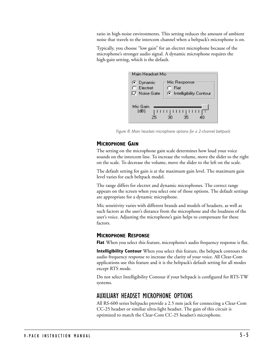 Microphone gain, Microphone response, Auxiliary headset microphone options | Microphone gain -5 microphone response -5, Auxiliary headset microphone options -5 | Clear-Com RS-603 (No longer available) User Manual | Page 37 / 60