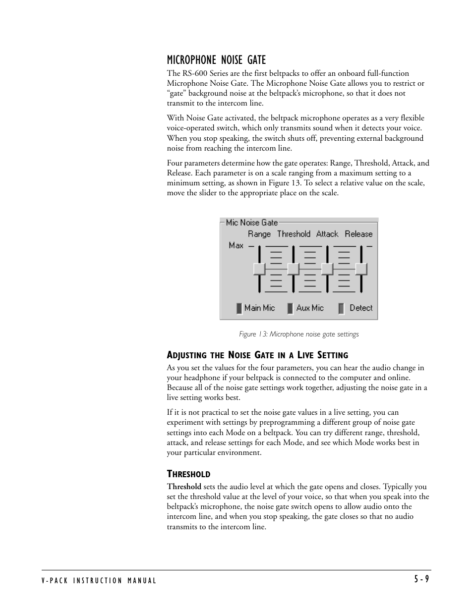 Microphone noise gate, Adjusting the noise gate in a live setting, Threshold | Microphone noise gate -8 | Clear-Com RS-603 (No longer available) User Manual | Page 41 / 60