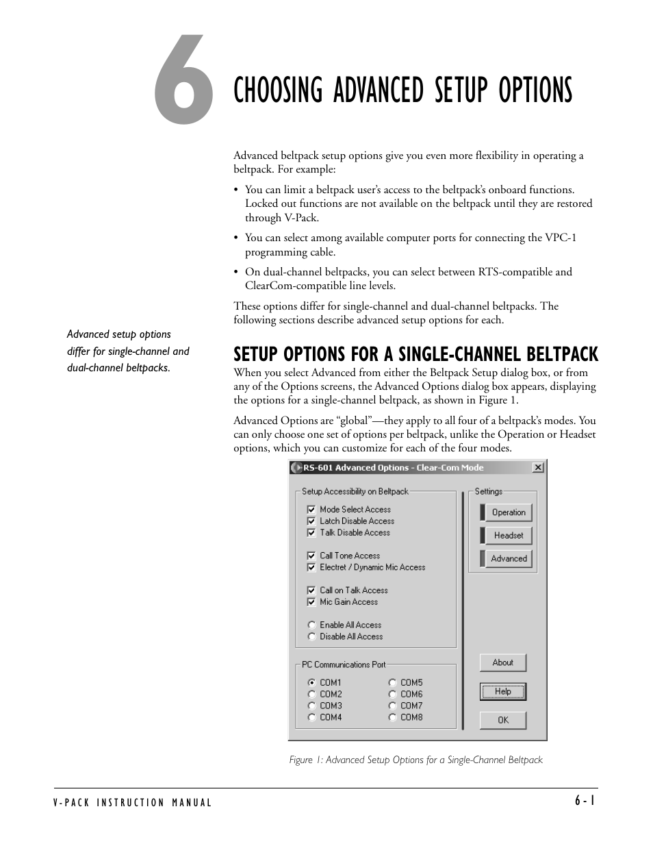 Choosing advanced setup options, Setup options for a single-channel beltpack, Setup options for a single-channel beltpack -1 | Clear-Com RS-603 (No longer available) User Manual | Page 45 / 60