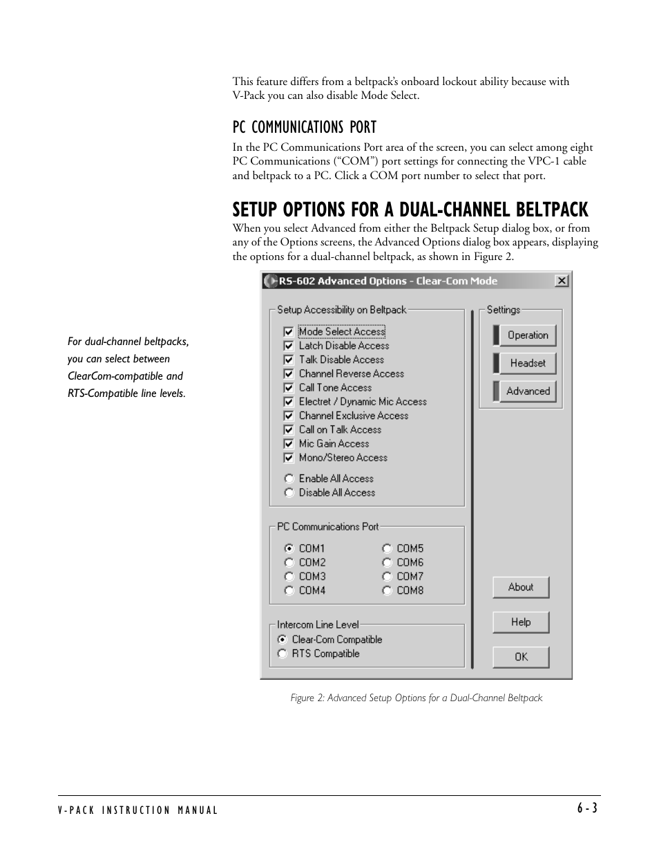 Pc communications port, Setup options for a dual-channel beltpack, Pc communications port -3 | Setup options for a dual-channel beltpack -4 | Clear-Com RS-603 (No longer available) User Manual | Page 47 / 60