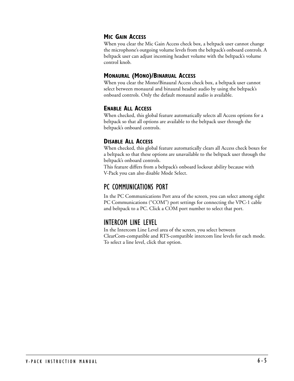 Mic gain access, Monaural (mono)/binarual access, Enable all access | Disable all access, Pc communications port, Intercom line level, Pc communications port -6 intercom line level -6 | Clear-Com RS-603 (No longer available) User Manual | Page 49 / 60