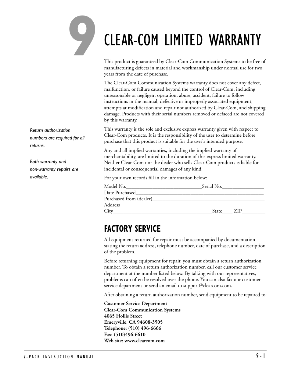 Clear-com limited warranty, Factory service, Factory service -1 | Clear-Com RS-603 (No longer available) User Manual | Page 59 / 60