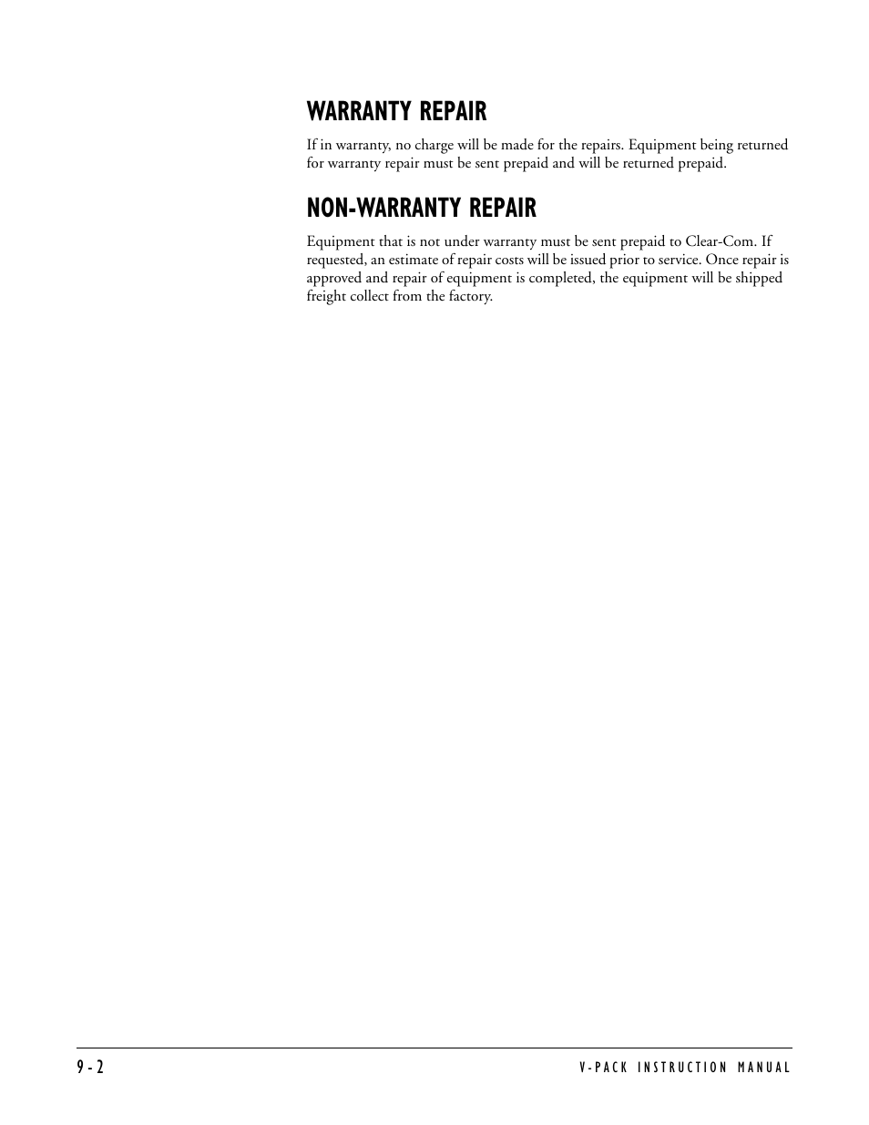 Warranty repair, Non-warranty repair, Warranty repair -2 non-warranty repair -2 | Clear-Com RS-603 (No longer available) User Manual | Page 60 / 60