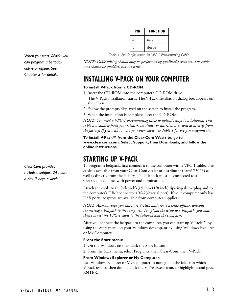 Installing v-pack on your computer, Starting up v-pack | Clear-Com RS-603 (No longer available) User Manual | Page 9 / 60