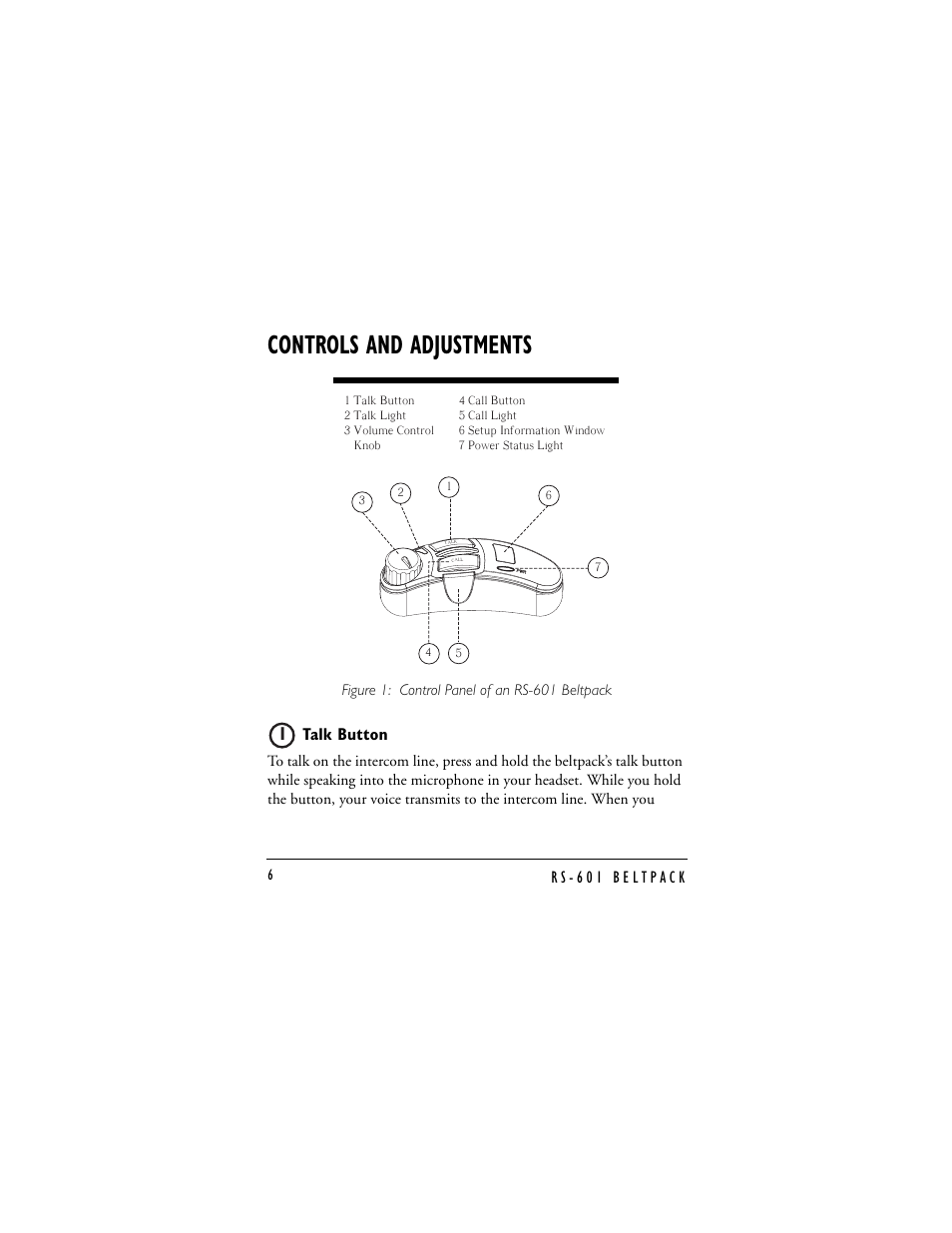 Talk button, Controls and adjustments | Clear-Com RS-601 (No longer available) User Manual | Page 10 / 46