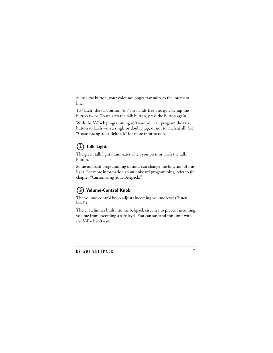 Talk light, Volume-control knob | Clear-Com RS-601 (No longer available) User Manual | Page 11 / 46