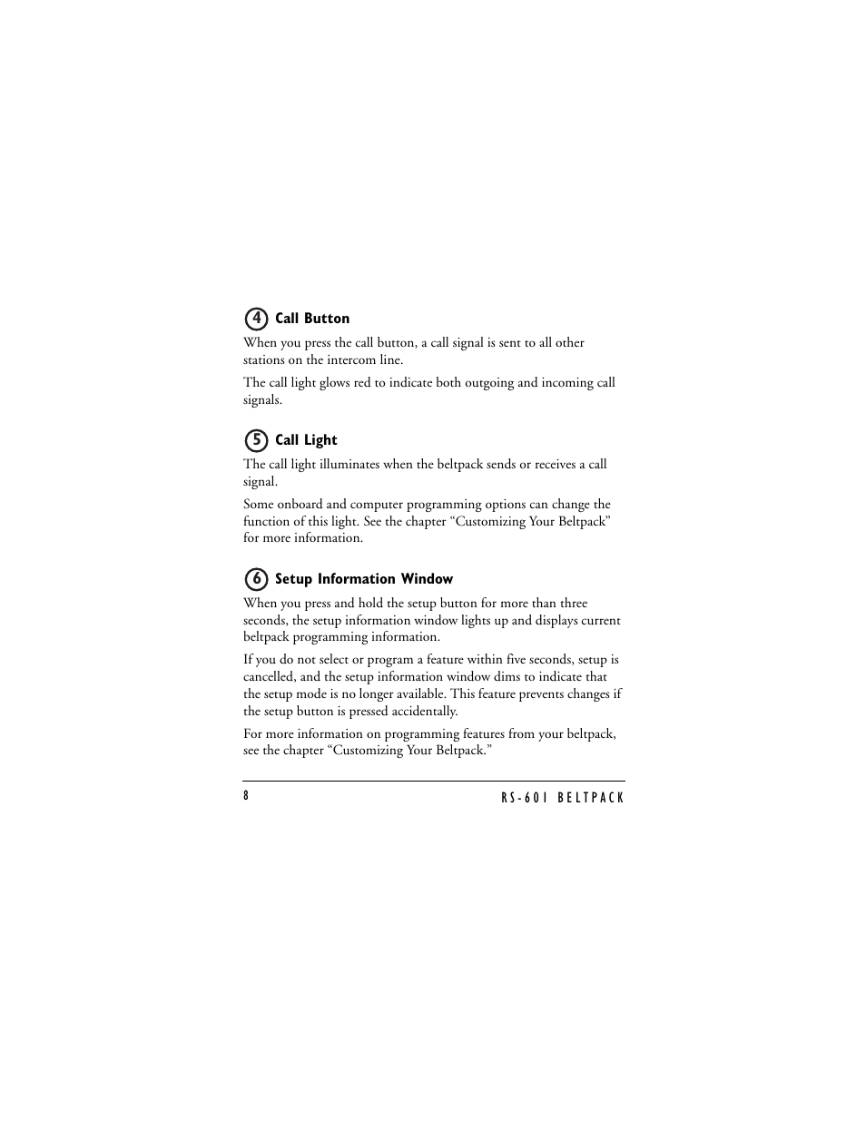 Call button, Call light, Setup information window | Clear-Com RS-601 (No longer available) User Manual | Page 12 / 46