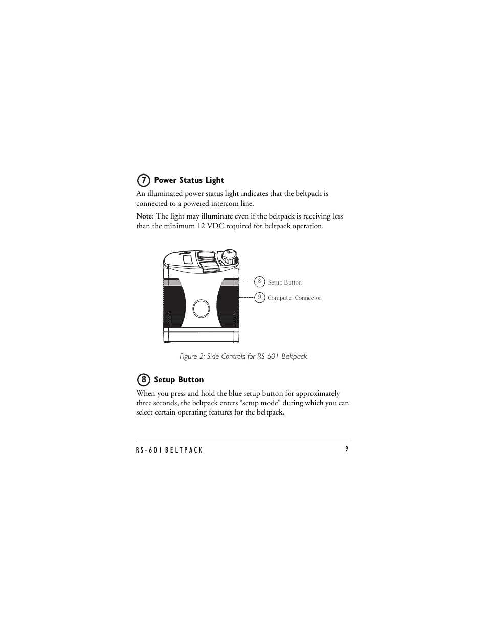 Power status light, Setup button | Clear-Com RS-601 (No longer available) User Manual | Page 13 / 46