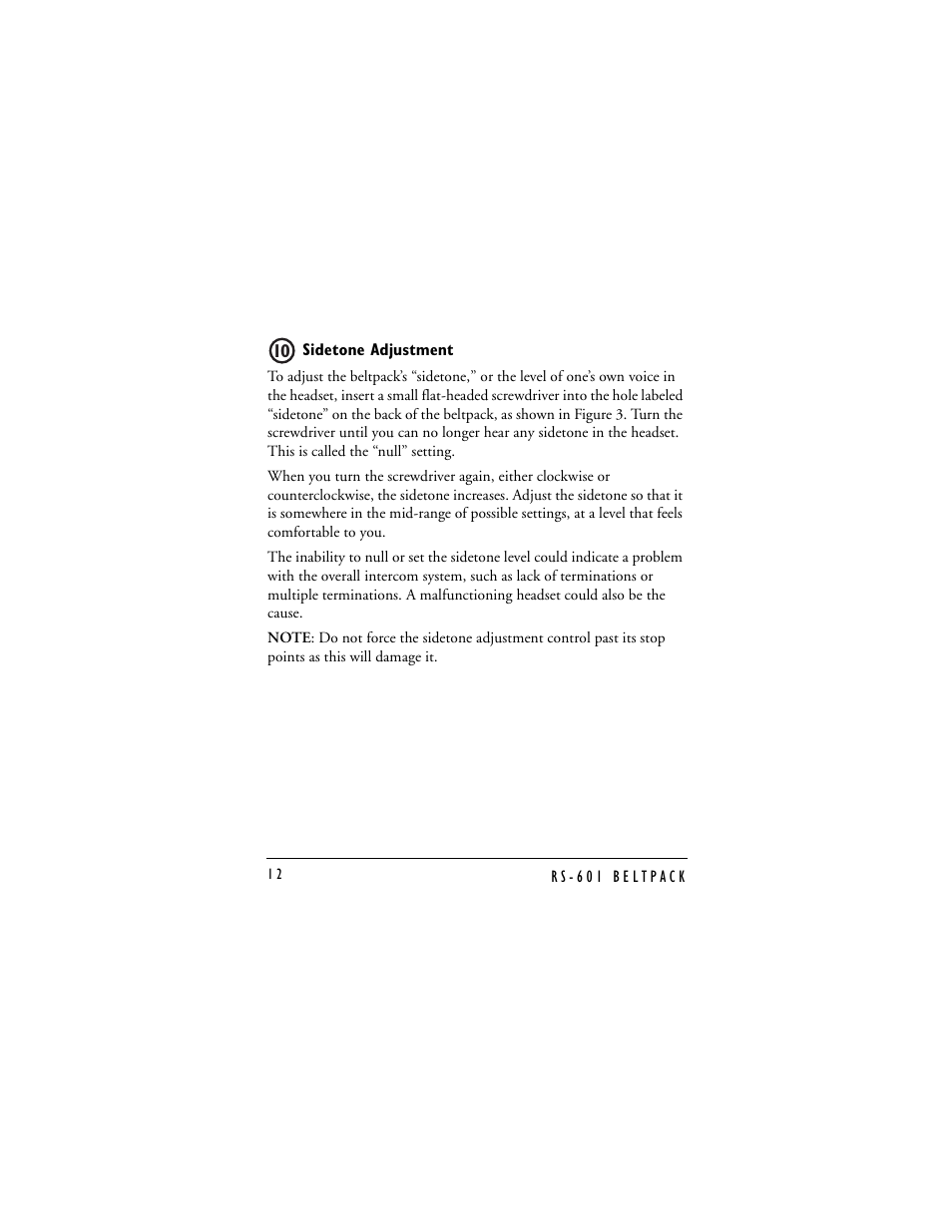 Sidetone adjustment | Clear-Com RS-601 (No longer available) User Manual | Page 16 / 46