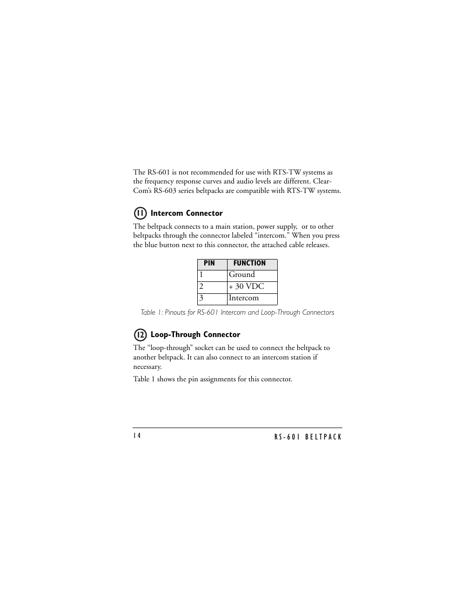 Intercom connector, Loop-through connector | Clear-Com RS-601 (No longer available) User Manual | Page 18 / 46