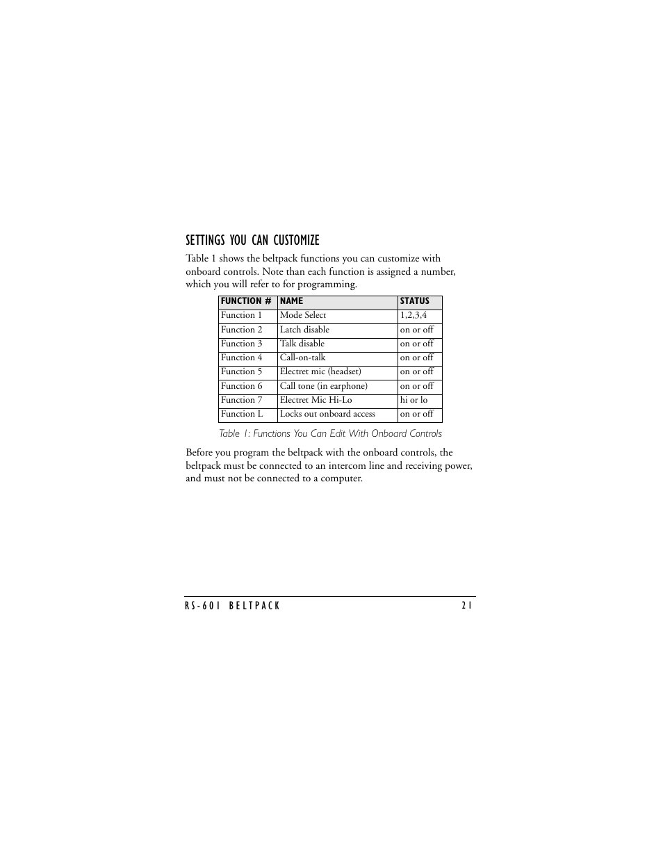 Settings you can customize | Clear-Com RS-601 (No longer available) User Manual | Page 23 / 46