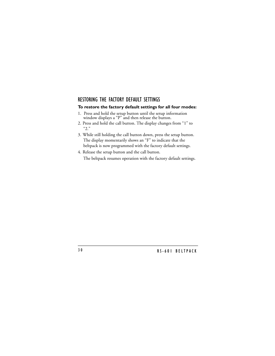 Restoring the factory default settings | Clear-Com RS-601 (No longer available) User Manual | Page 32 / 46