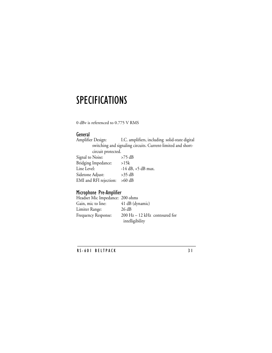 Specifications | Clear-Com RS-601 (No longer available) User Manual | Page 33 / 46