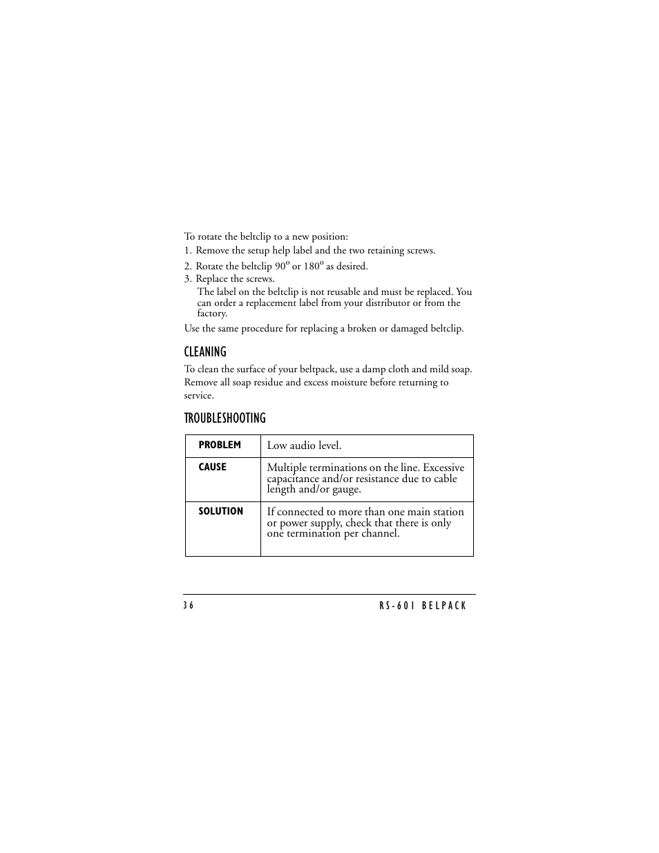 Cleaning, Troubleshooting | Clear-Com RS-601 (No longer available) User Manual | Page 38 / 46