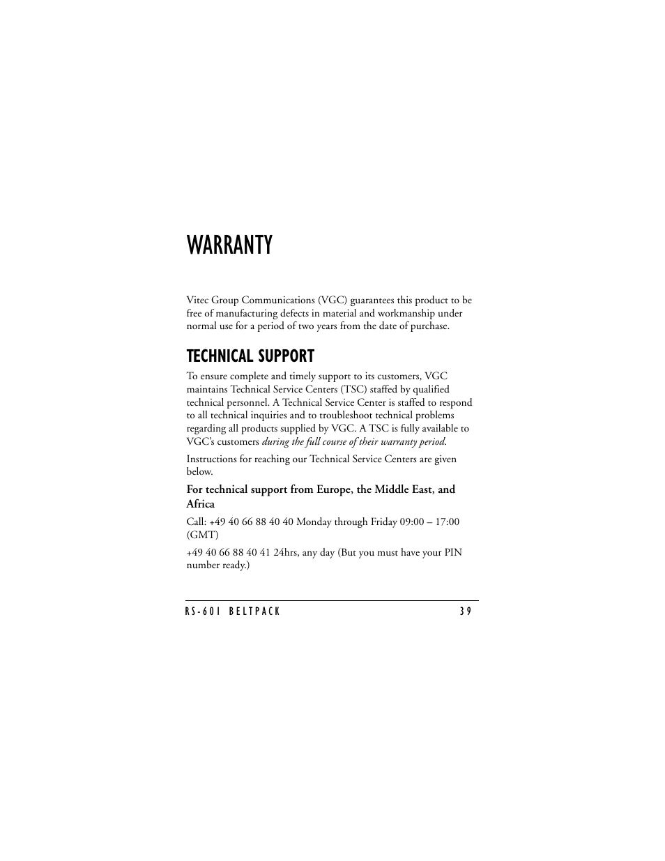 Warranty, Technical support | Clear-Com RS-601 (No longer available) User Manual | Page 41 / 46