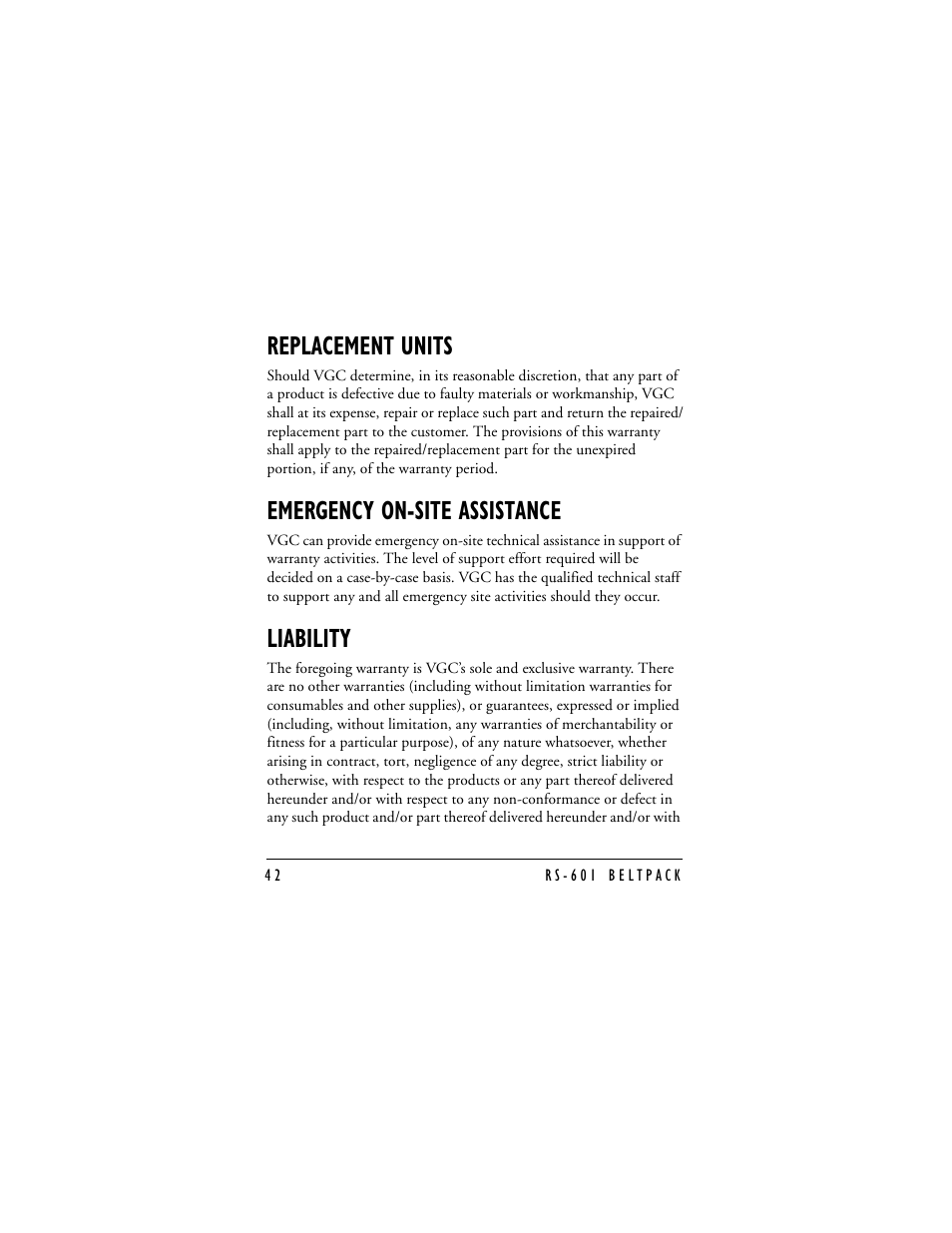 Replacement units, Emergency on-site assistance, Liability | Clear-Com RS-601 (No longer available) User Manual | Page 44 / 46