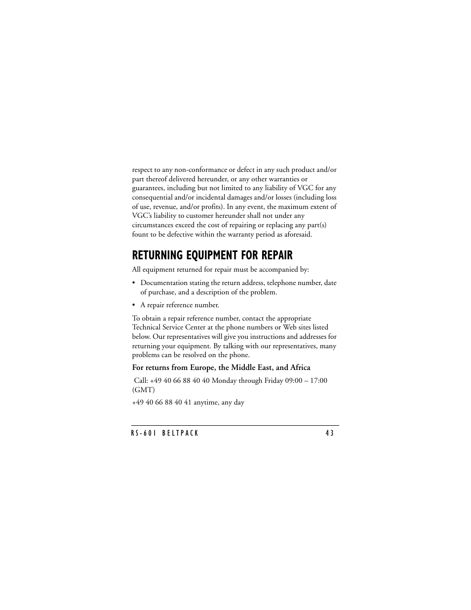 Returning equipment for repair | Clear-Com RS-601 (No longer available) User Manual | Page 45 / 46