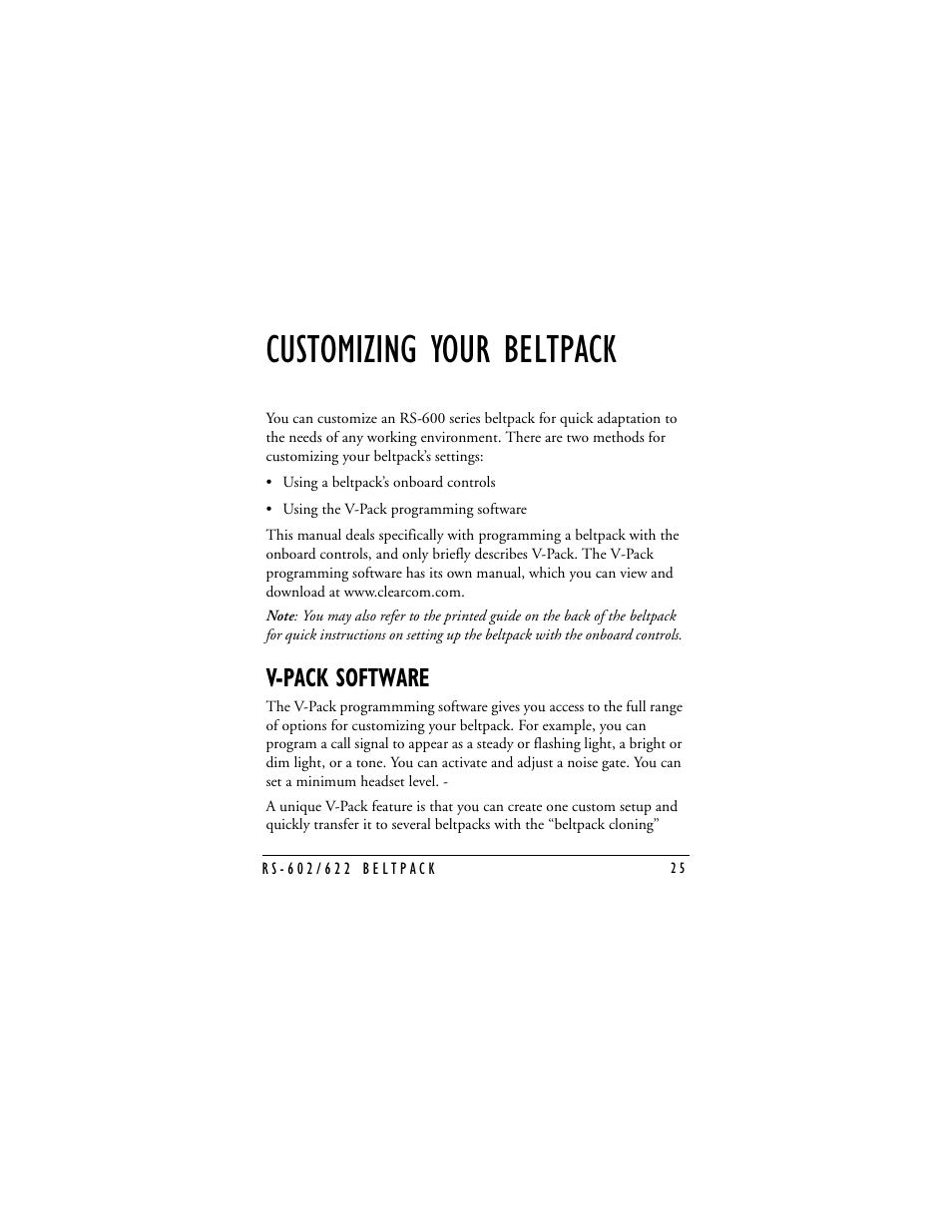 Customizing your beltpack, V-pack software | Clear-Com RS-602 (No longer available) User Manual | Page 27 / 56