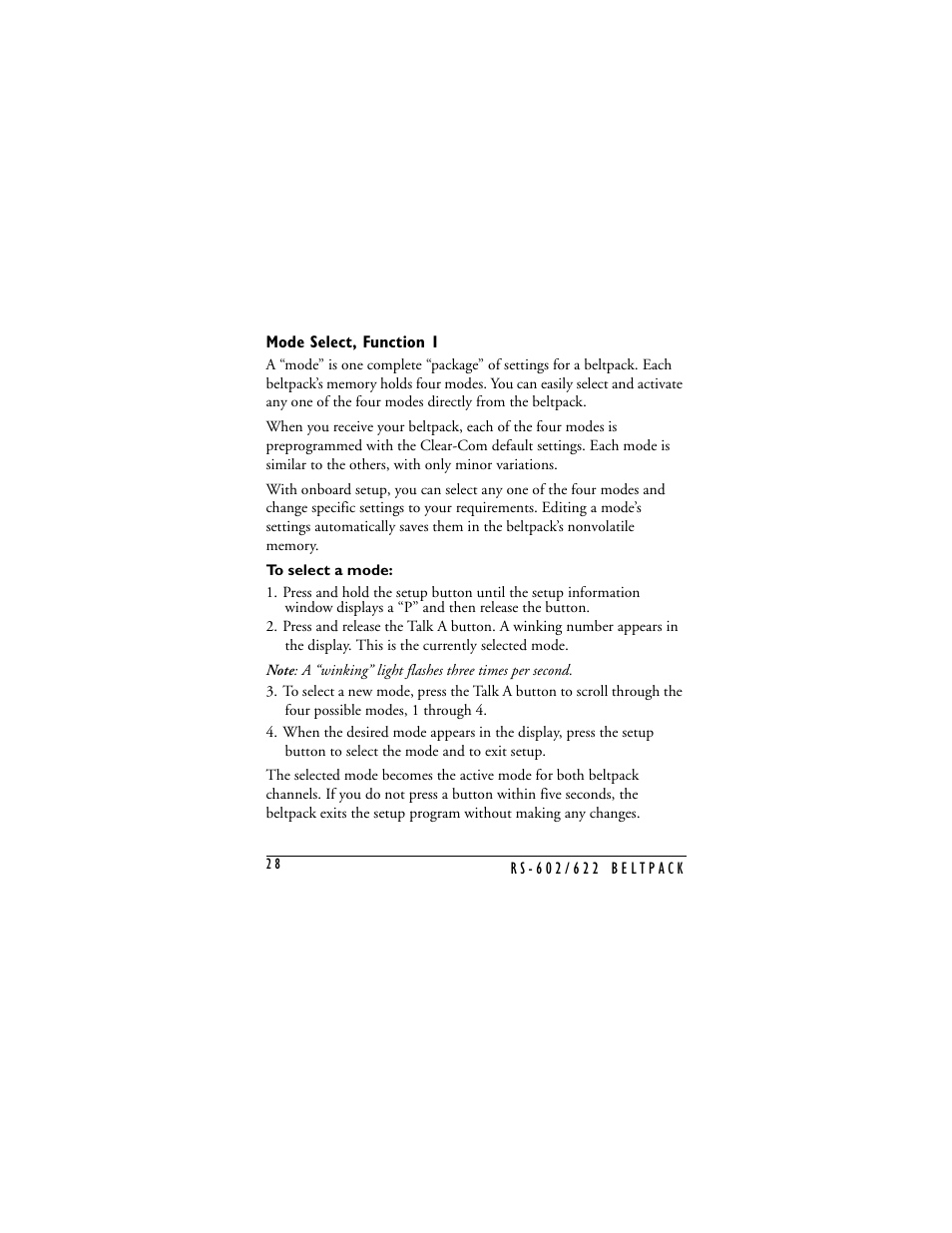 Mode select, function 1, Mode select | Clear-Com RS-602 (No longer available) User Manual | Page 30 / 56