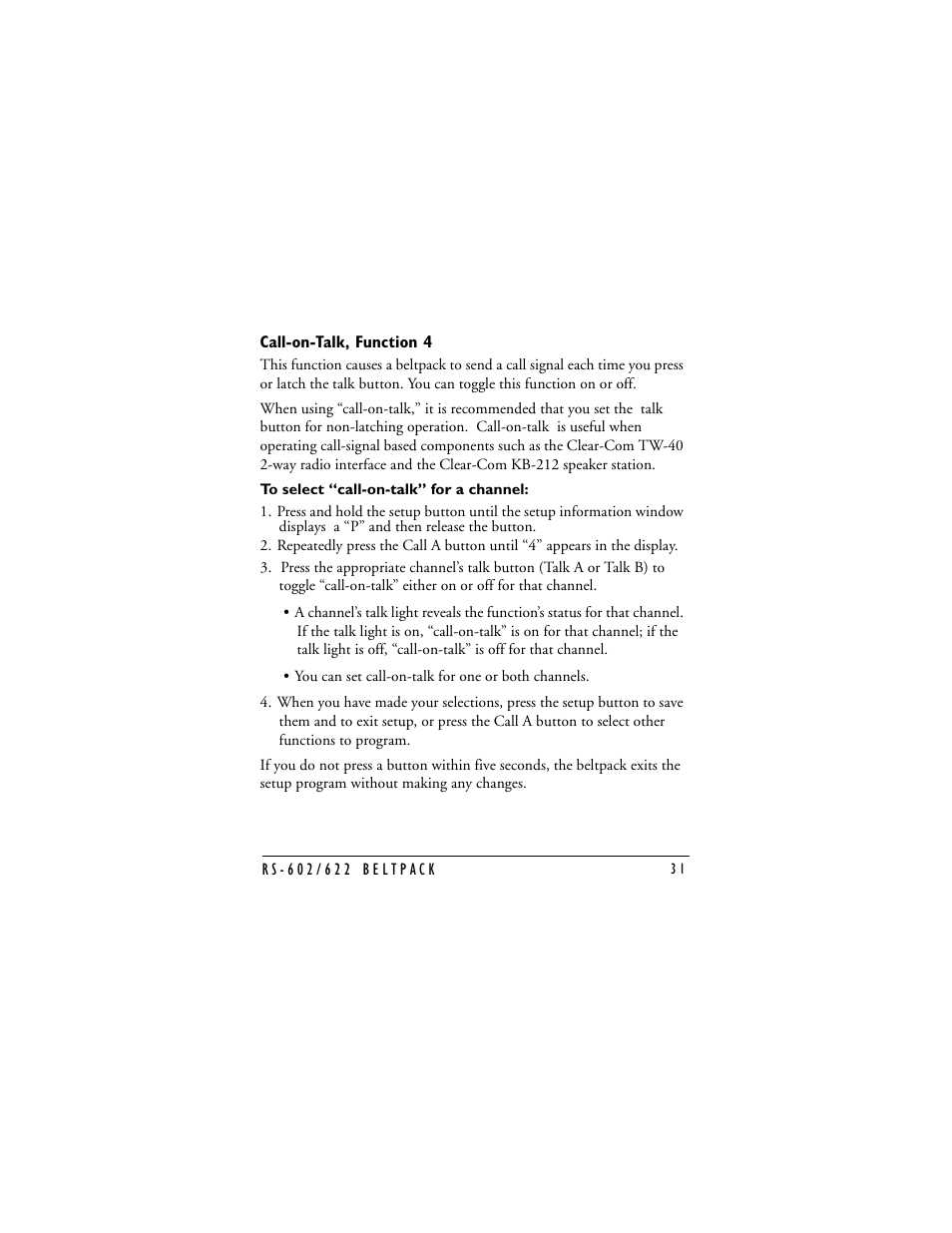 Call-on-talk, function 4, Call-on-talk | Clear-Com RS-602 (No longer available) User Manual | Page 33 / 56