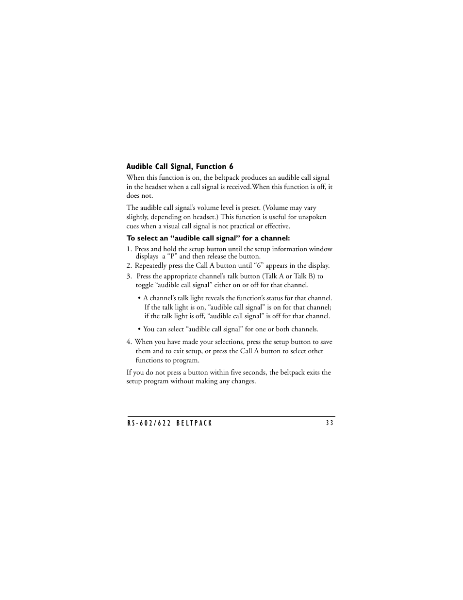 Audible call signal, function 6, Audible call signal | Clear-Com RS-602 (No longer available) User Manual | Page 35 / 56