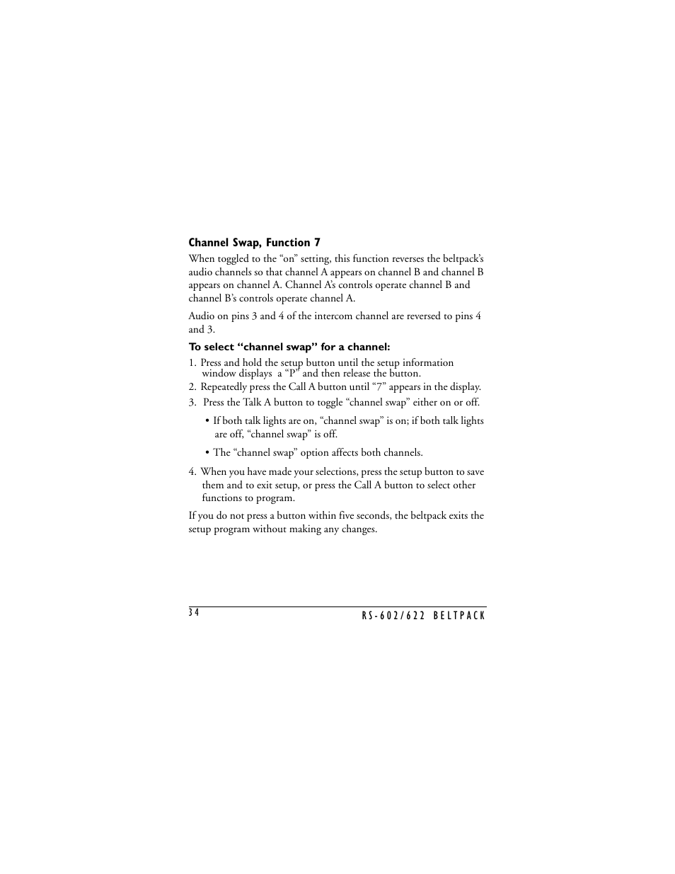 Channel swap, function 7, Channel swap | Clear-Com RS-602 (No longer available) User Manual | Page 36 / 56