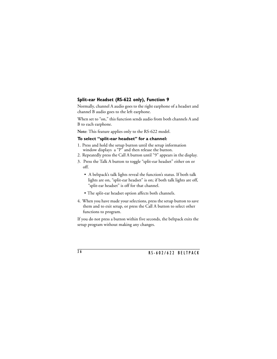 Split-ear headset (rs-622 only), function 9, Split-ear headset (rs-622 only) | Clear-Com RS-602 (No longer available) User Manual | Page 38 / 56