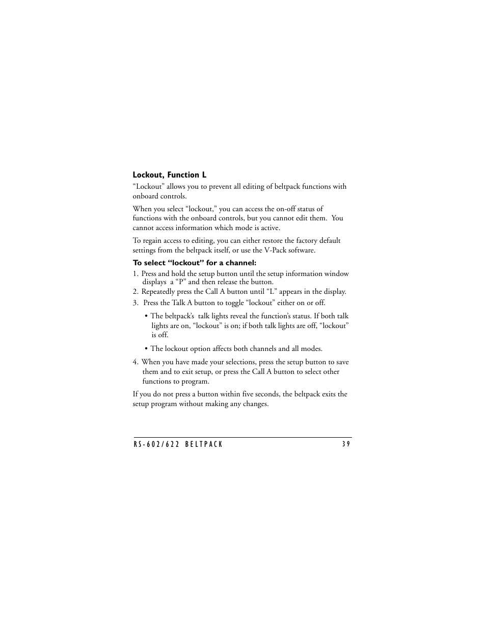 Lockout, function l, Lockout | Clear-Com RS-602 (No longer available) User Manual | Page 41 / 56