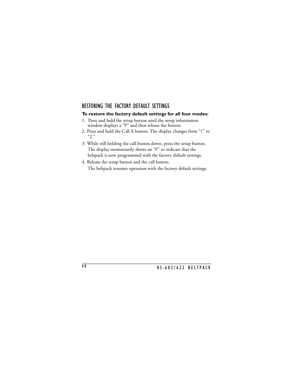 Restoring the factory default settings | Clear-Com RS-602 (No longer available) User Manual | Page 42 / 56