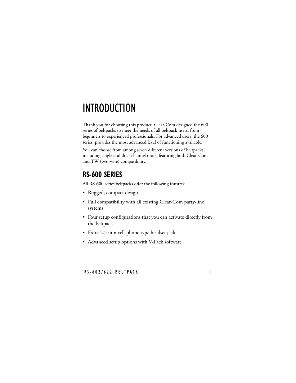 Introduction, Rs-600 series | Clear-Com RS-602 (No longer available) User Manual | Page 5 / 56