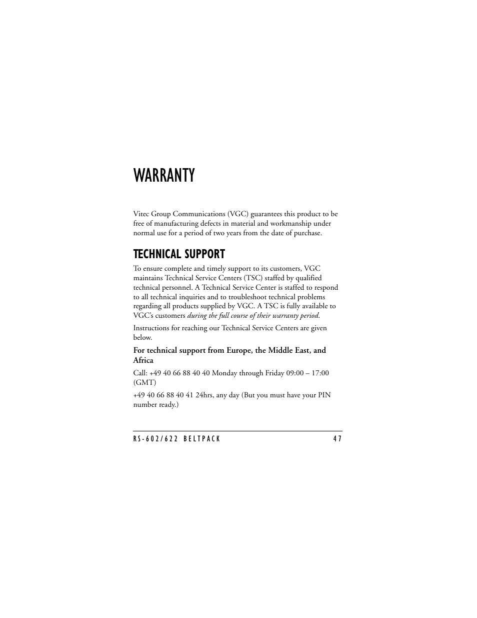 Warranty, Technical support | Clear-Com RS-602 (No longer available) User Manual | Page 51 / 56