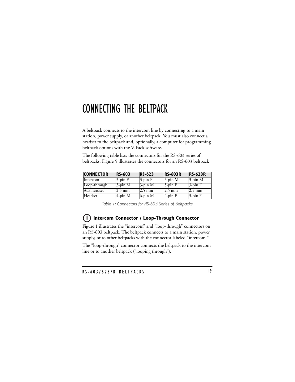 Connecting the beltpack, Intercom connector / loop-through connector | Clear-Com RS-603 (No longer available) User Manual | Page 21 / 58