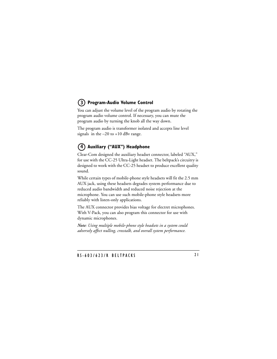 Program-audio volume control, Auxiliary (“aux”) headphone | Clear-Com RS-603 (No longer available) User Manual | Page 23 / 58